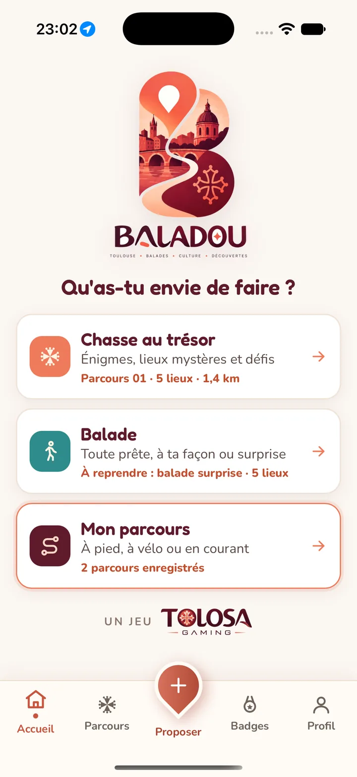 Écran d'accueil de Baladou : la carte des lieux de Toulouse et le menu du jeu